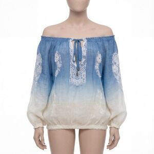 Vanita Rosa Paris St Barth Ombré Peasant Blouse Blue Ivory Boho Top Size S